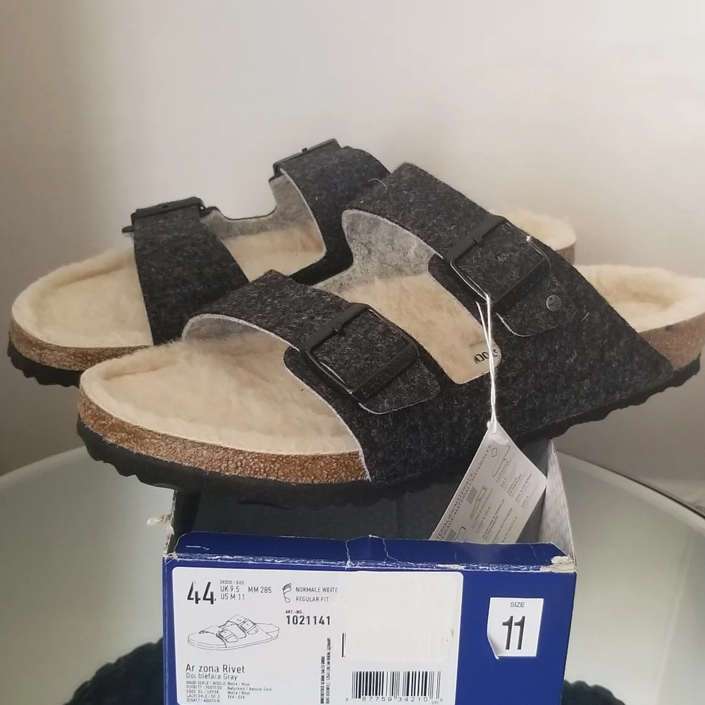 Birkenstock Mens Arizona Rivet Wool Felt Cork Fur Shearling Sandal Gray Sz 11